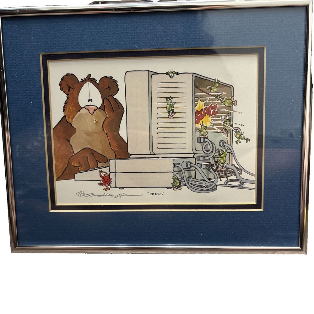 Bob Mooney BUGS Cartoon Bear Computer Art Print Matted & Framed Signed
